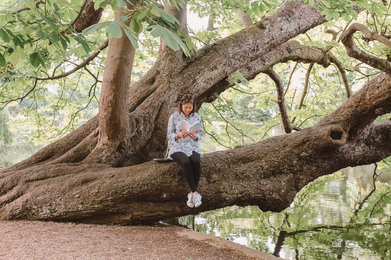 Student reading in a tree